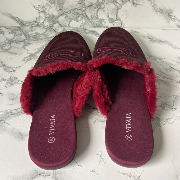 Vivaia Women 39 US 8 Fluffy Patterned Mules Maroon Red Pointed Toe Slip On Shoe - Picture 4 of 6